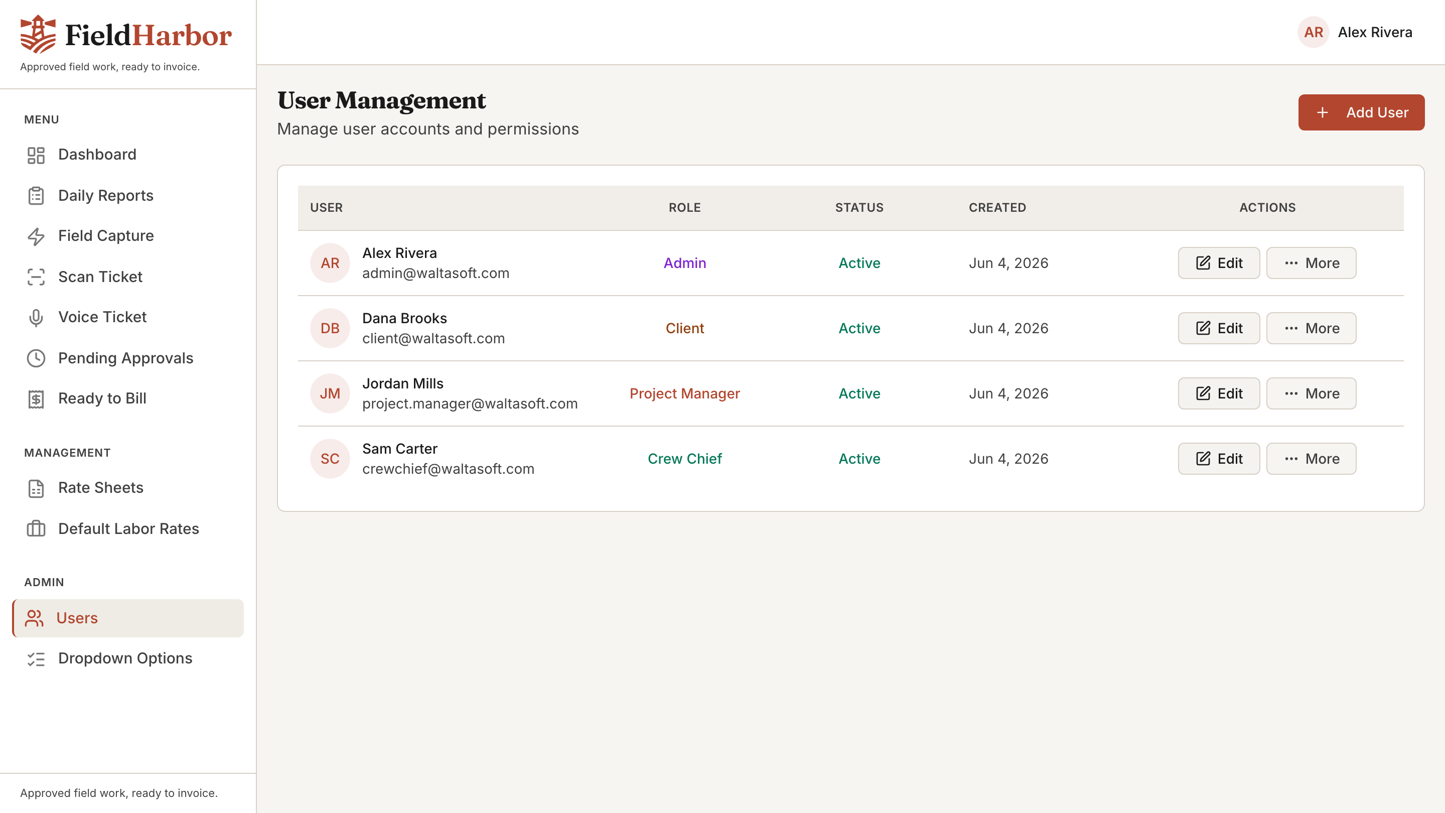 FieldHarbor user management screen showing role-gated accounts.
